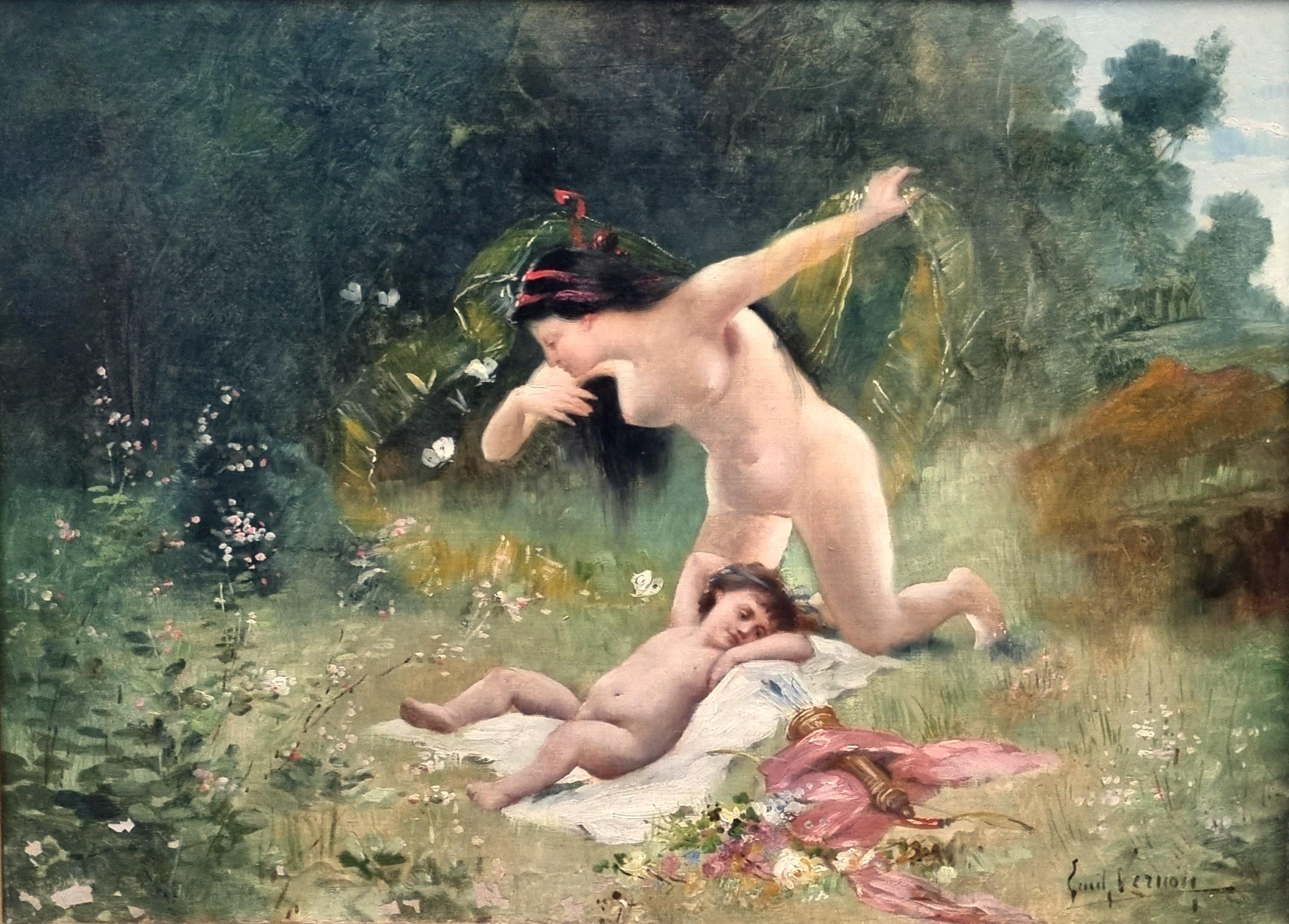 Emile Vernon Landscape Painting - French academic painting Allegory Spring Love Child Belle Epoque end 19th