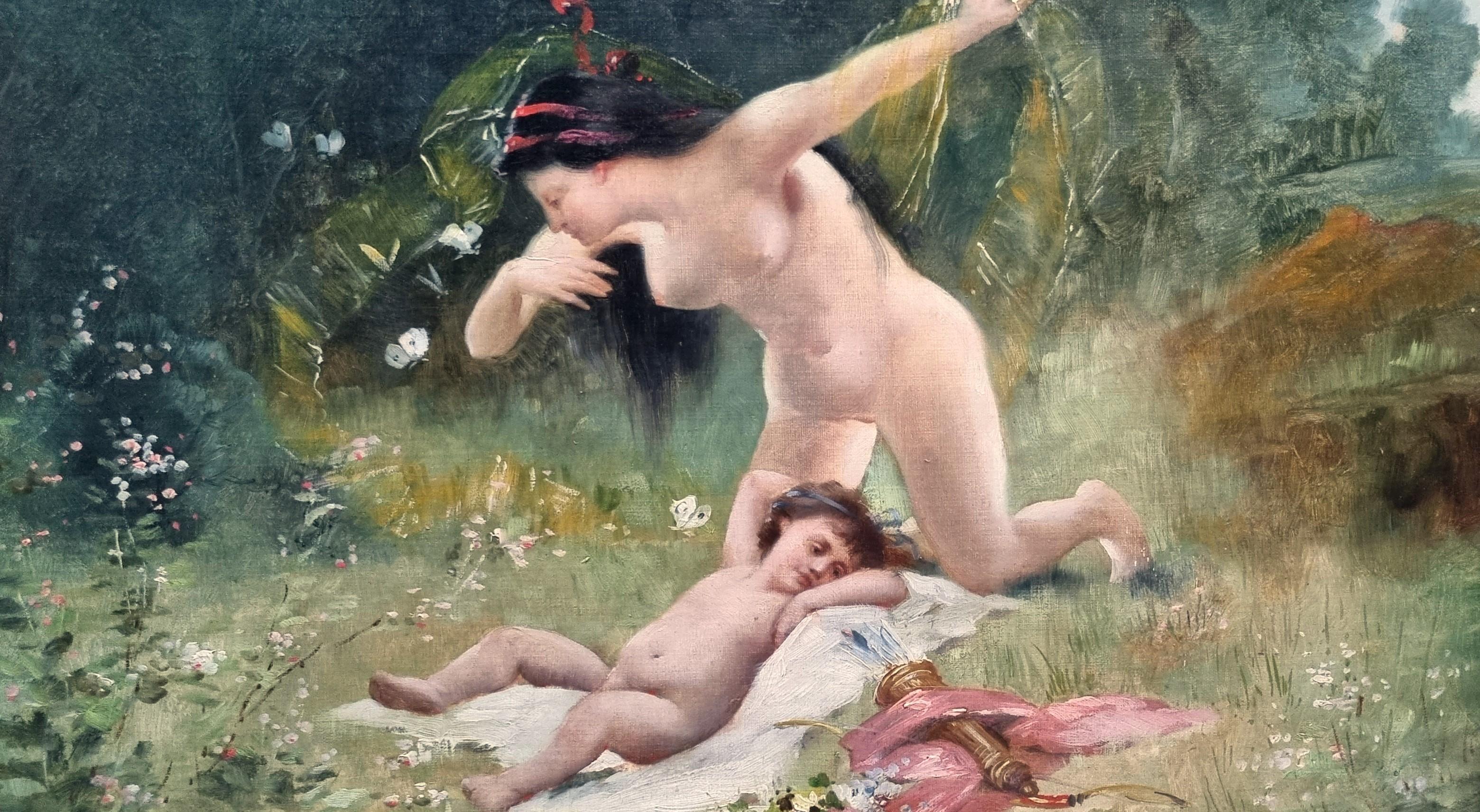 French academic painting Allegory Spring Love Child Belle Epoque end 19th - Academic Painting by Emile Vernon