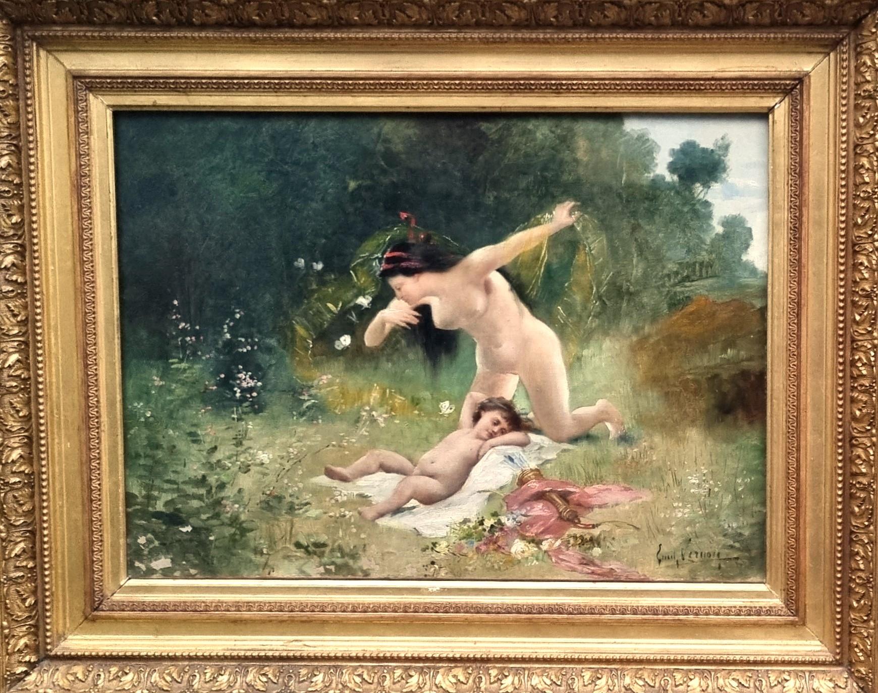 French academic painting Allegory Spring Love Child Belle Epoque end 19th - Painting by Emile Vernon