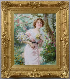 Genre oil painting of a woman with flowers