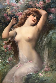 Large Nude Portrait Oil Painting "Among The Roses" by Emile Vernon