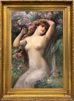 Grande ritratto di nudo dipinto a olio "Tra le rose" di Emile Vernon