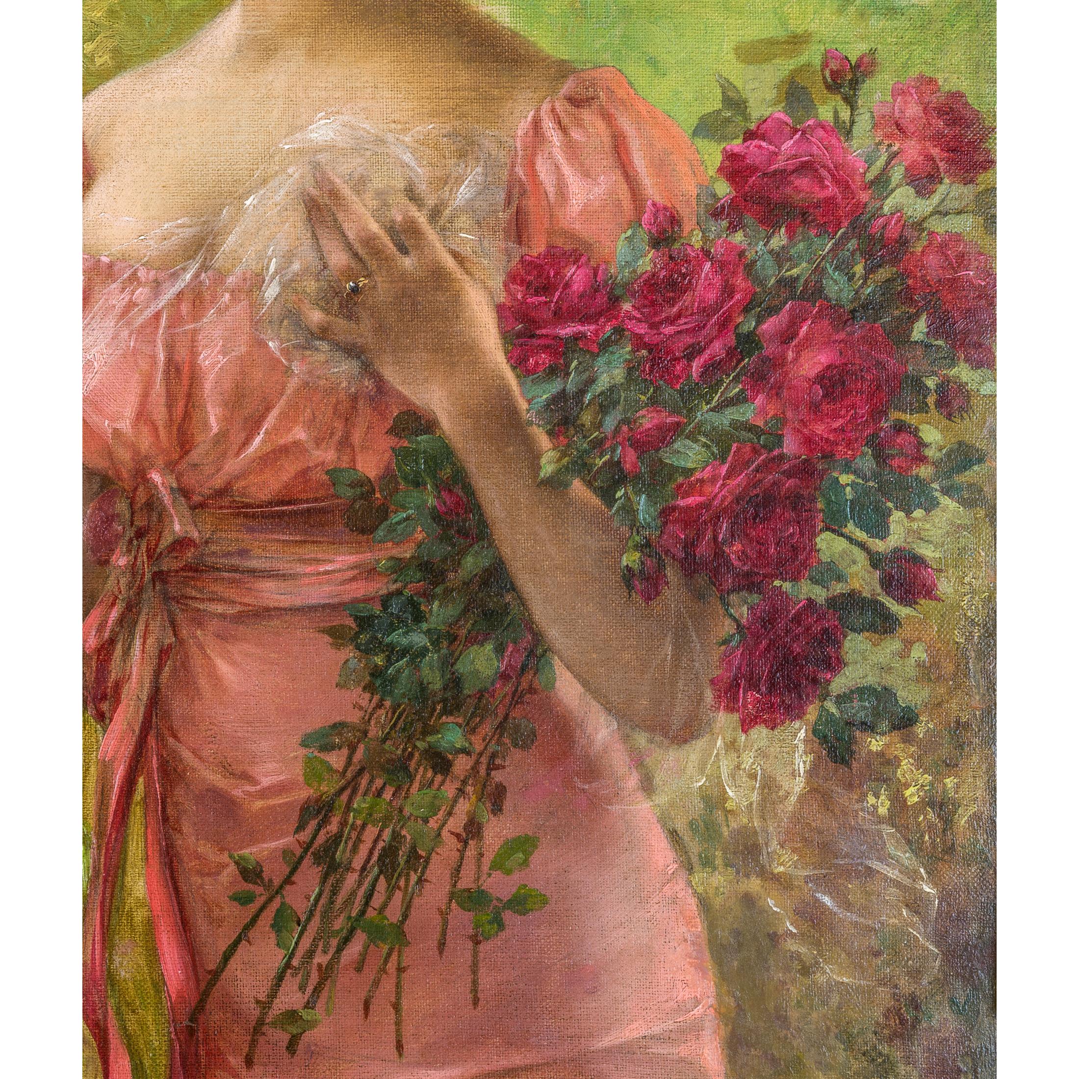 Portrait of a Young Beauty Holding a Bouquet of Roses by Emile Vernon 1