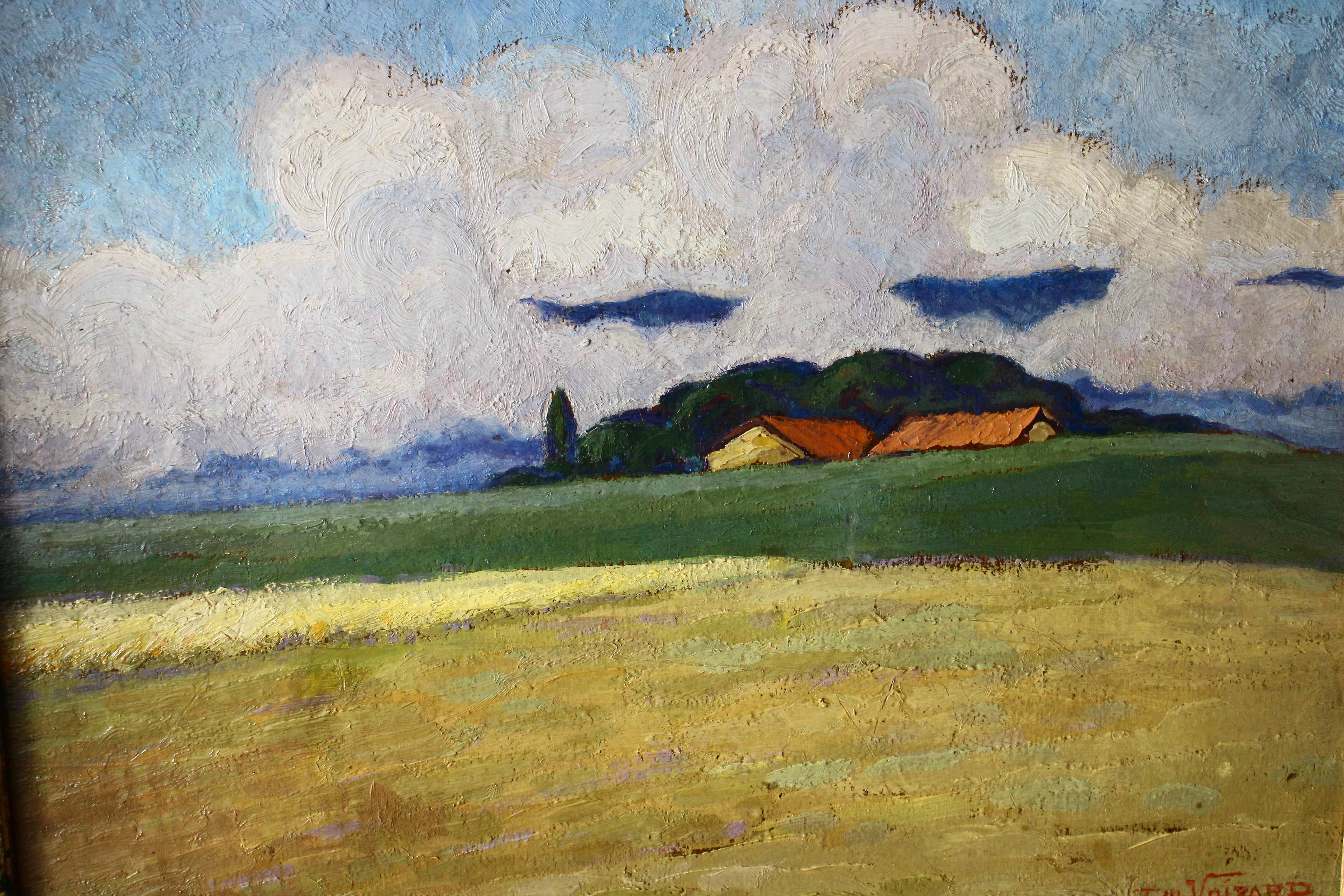 Antique French Signed Impressionist Landscape Oil Painting aus den 1920er Jahren (Braun), Landscape Painting, von Emile Voizard 