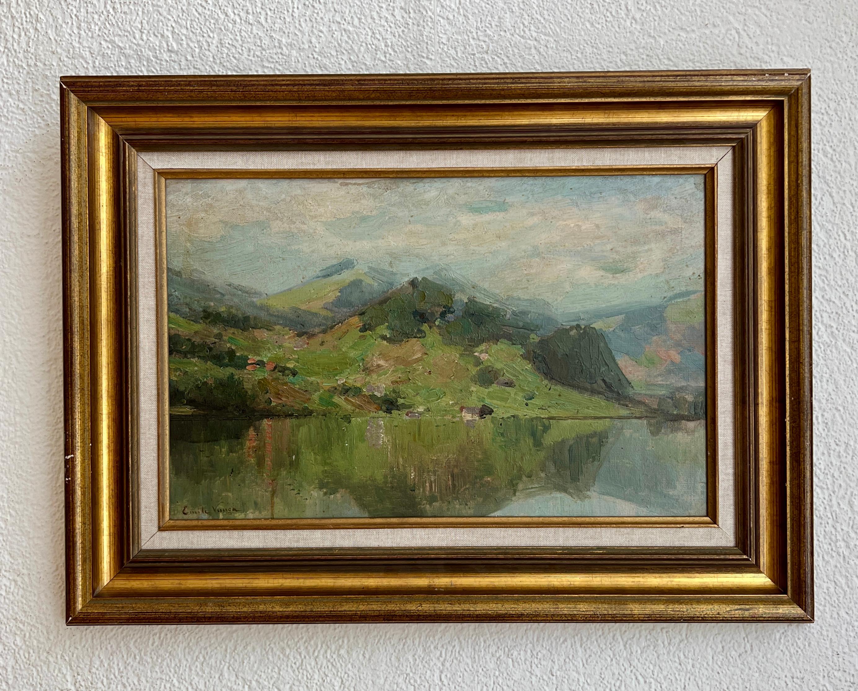 Paisaje lacustre al pie de las montañas - Painting de Emile Vouga