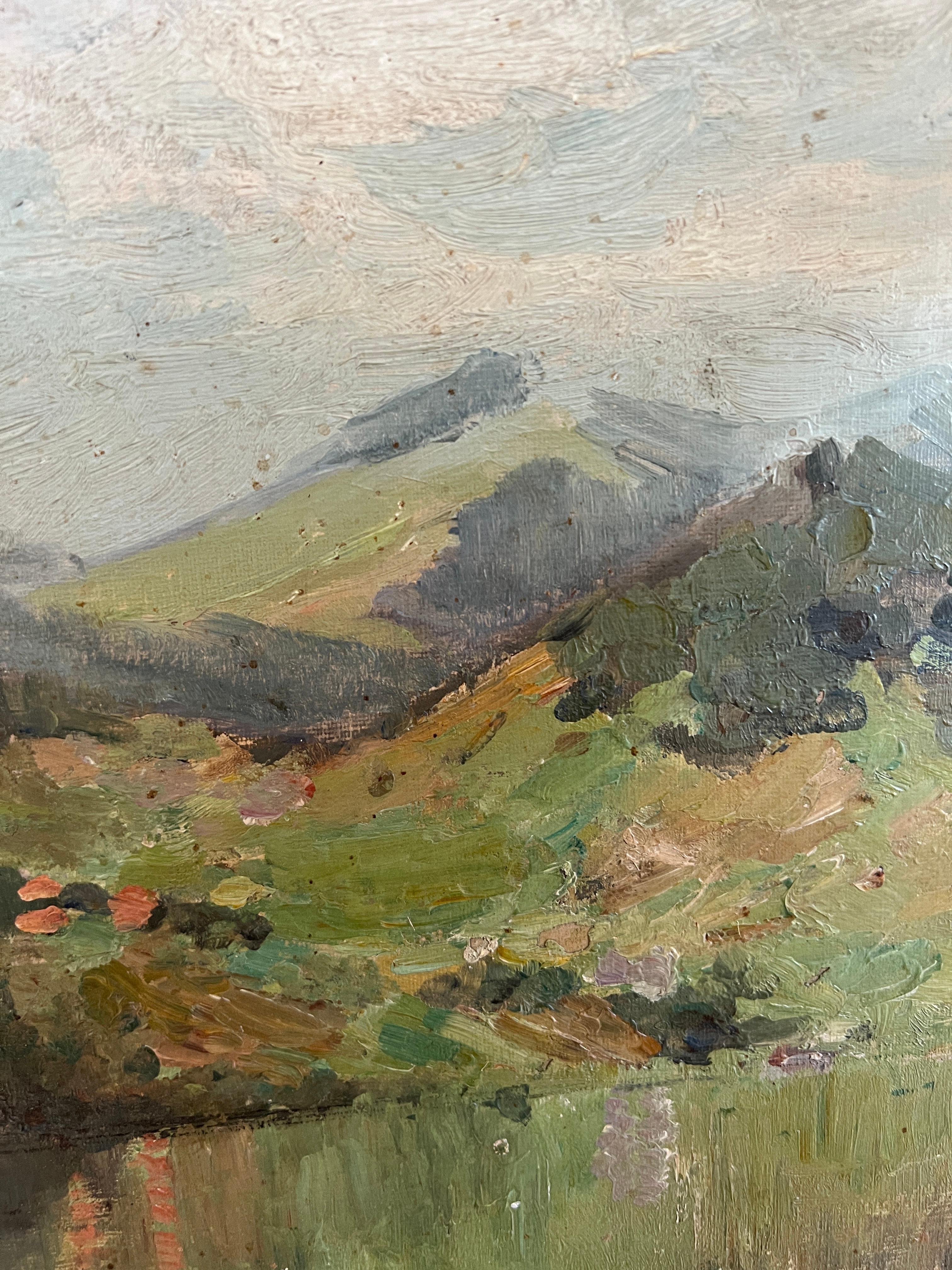Paisaje lacustre al pie de las montañas - Landscape Painting Gris de Emile Vouga
