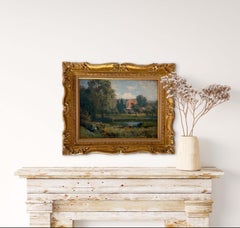 Antique Impressionist Landscape Painting, French Riverscape Oil Painting on Wood