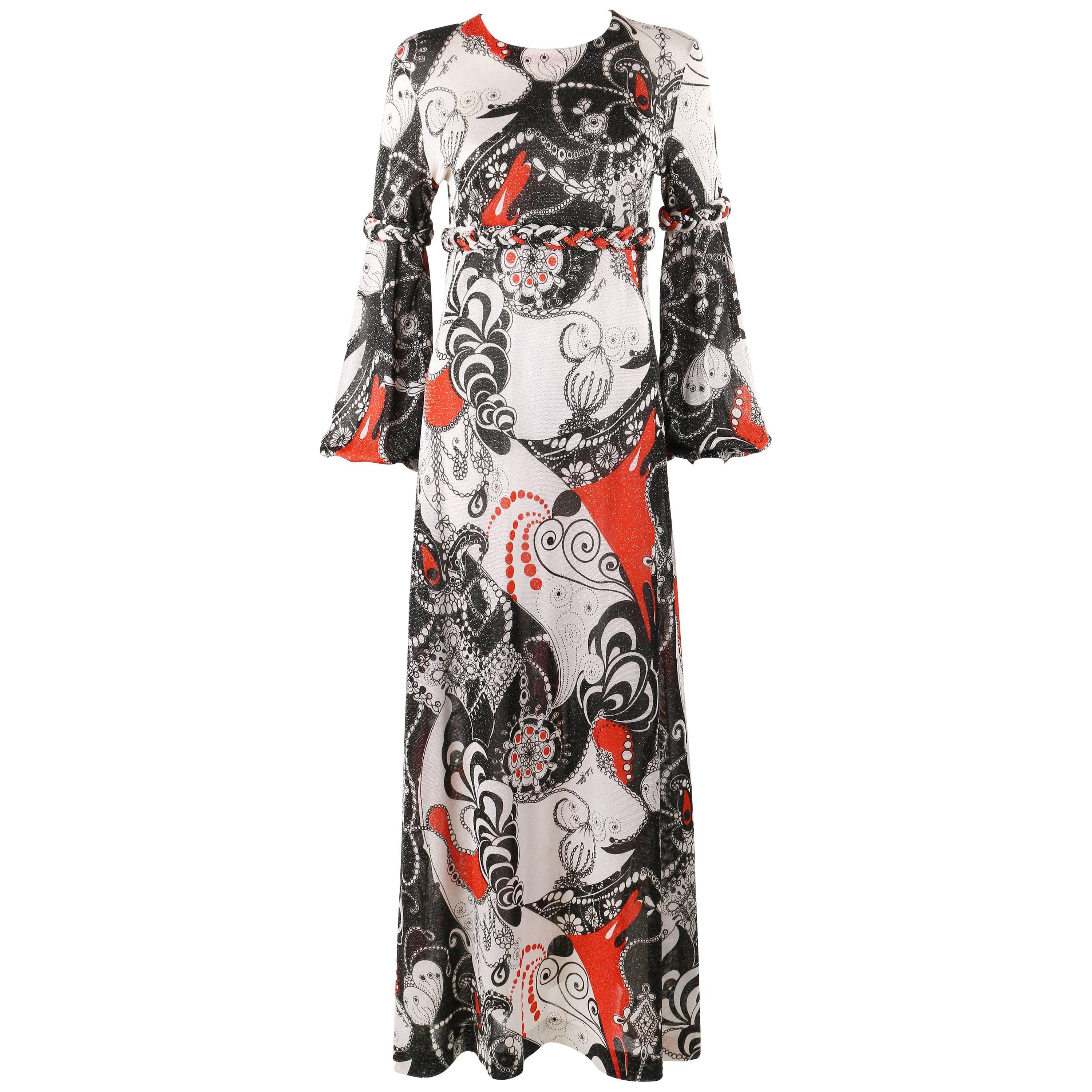EMILIA BELLINI Robe longue en maille de soie imprimée Op Art Signature en métal, c. années 1960