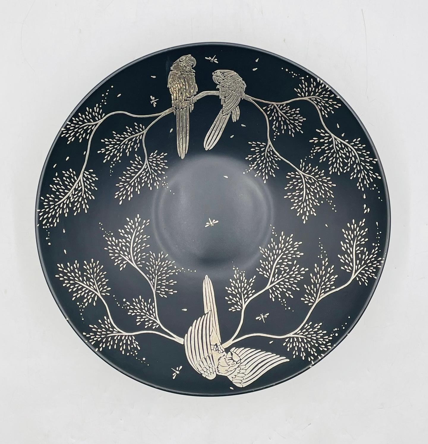 Hand-Crafted Emilia Castillo Black Porcelain Bowl with Pure Silver Inlay, Mexico, 1997 For Sale