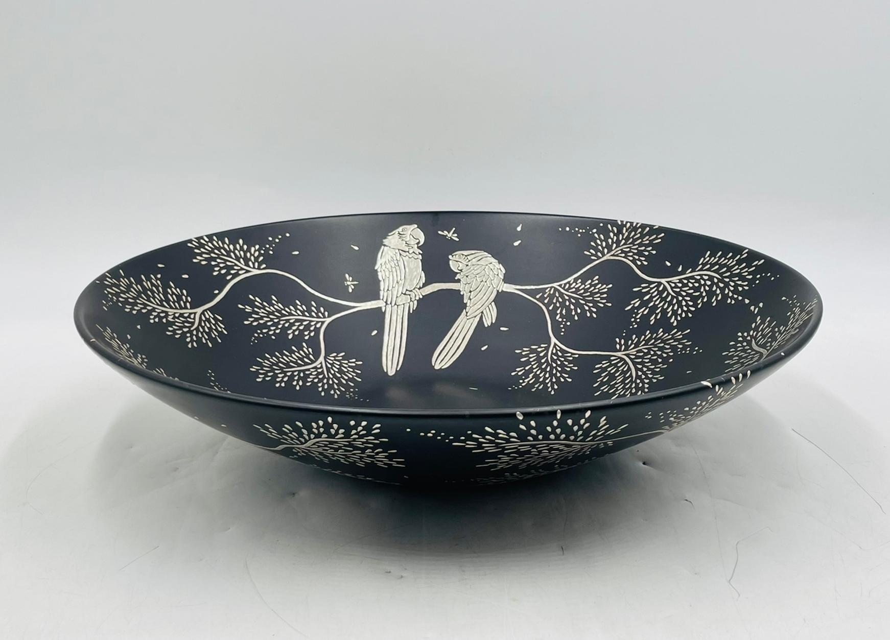 Late 20th Century Emilia Castillo Black Porcelain Bowl with Pure Silver Inlay, Mexico, 1997 For Sale