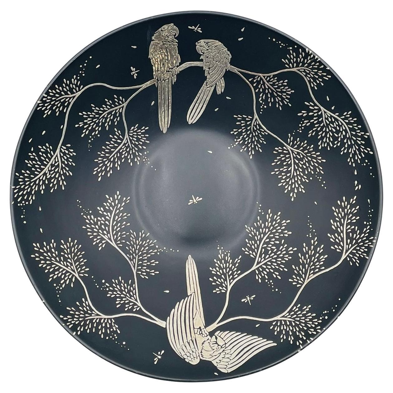 Emilia Castillo Black Porcelain Bowl with Pure Silver Inlay, Mexico, 1997 For Sale