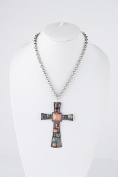 EMILIA CASTILLO c.1980s/90s Sterling Silver Natural Stone Cross Pendant Necklace