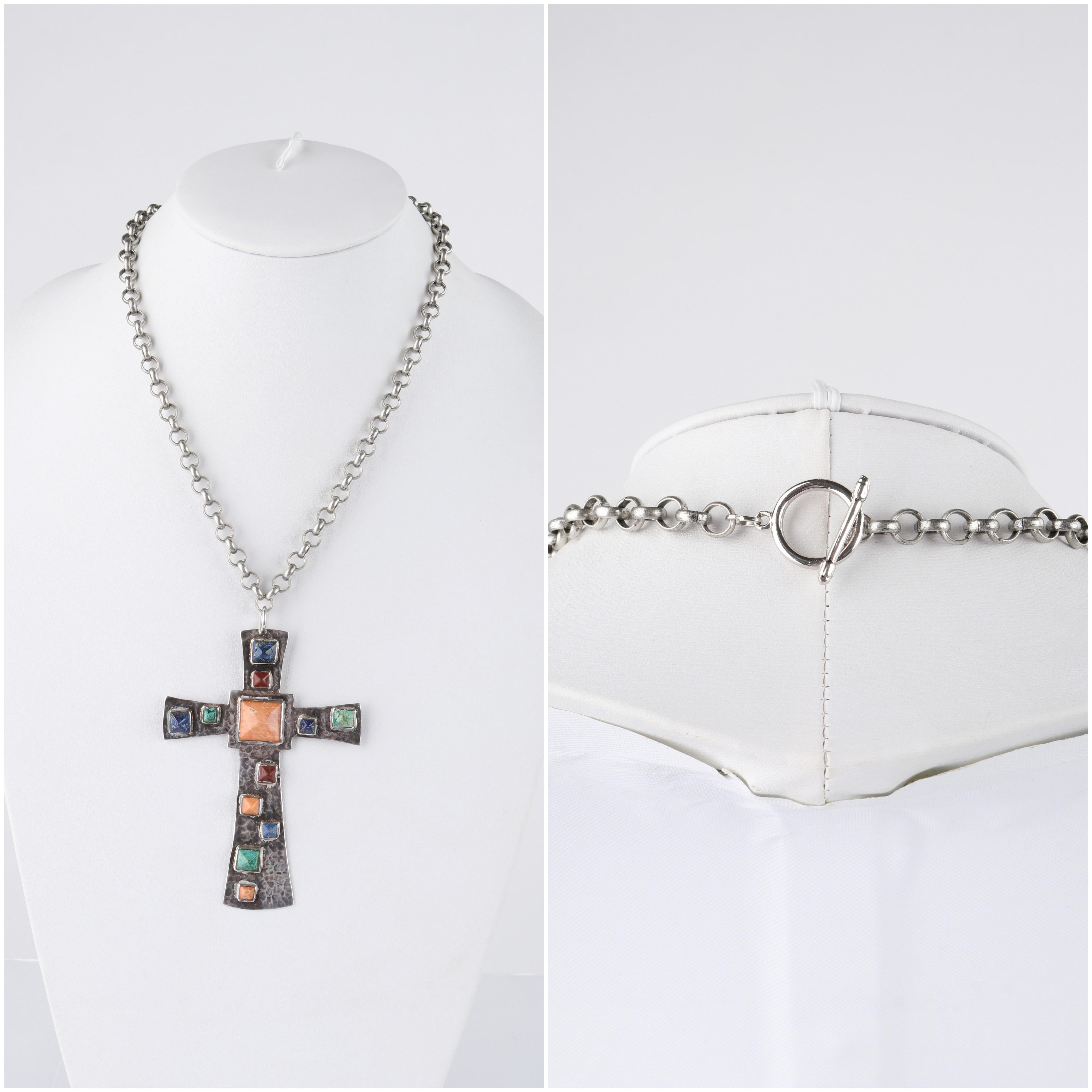 EMILIA CASTILLO c.1980s/90s Sterling Silver Natural Stone Cross Pendant Necklace In Good Condition For Sale In Thiensville, WI