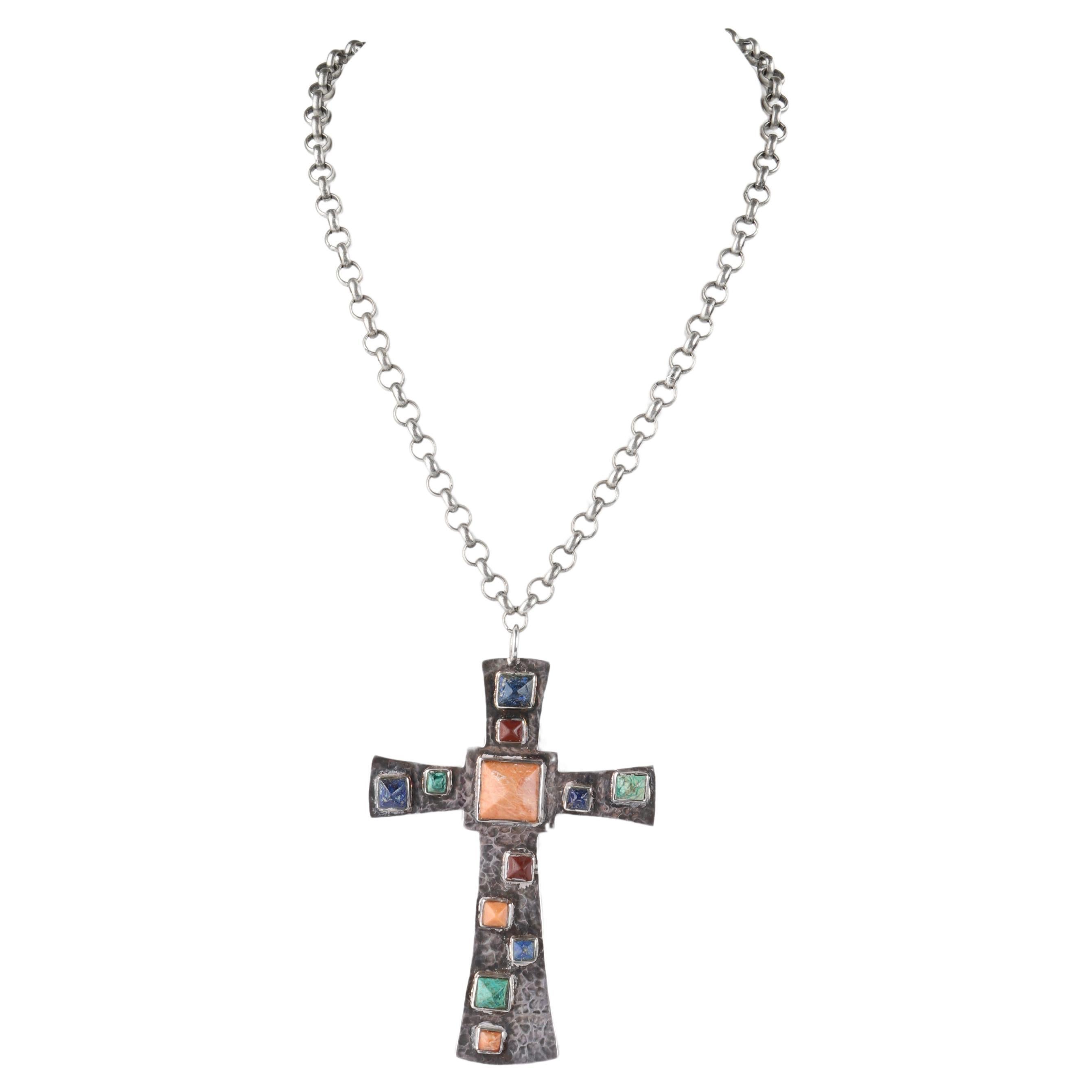 EMILIA CASTILLO ca. 1980er/90er Jahre Sterlingsilber Natürlicher Stein Kreuz-Anhänger Halskette