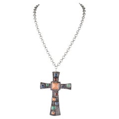 EMILIA CASTILLO c.1980s/90s Sterling Silver Natural Stone Cross Pendant Necklace