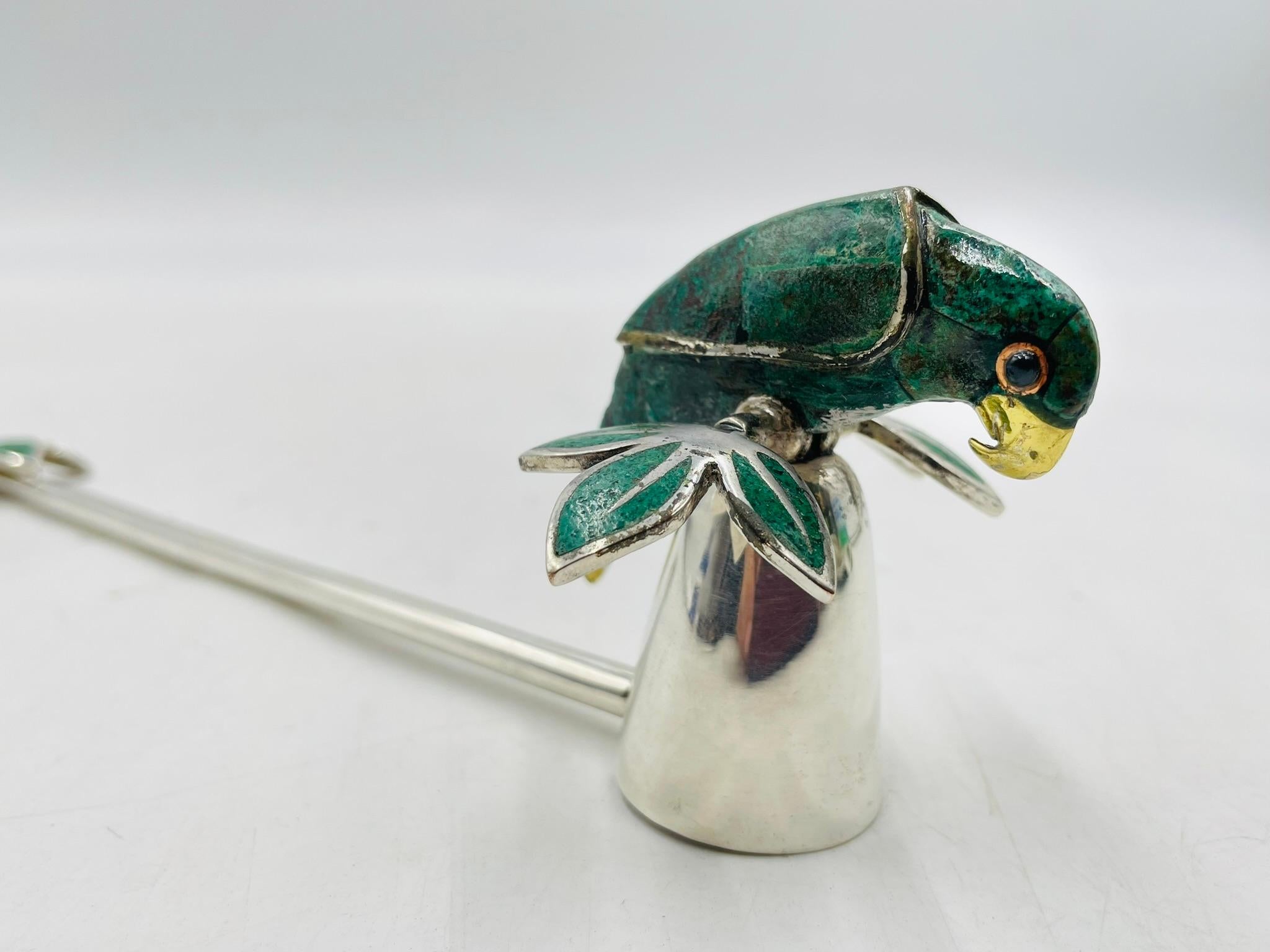 North American Emilia Castillo Candle Snuffer with Malachite Parrot and Leaf Motif For Sale