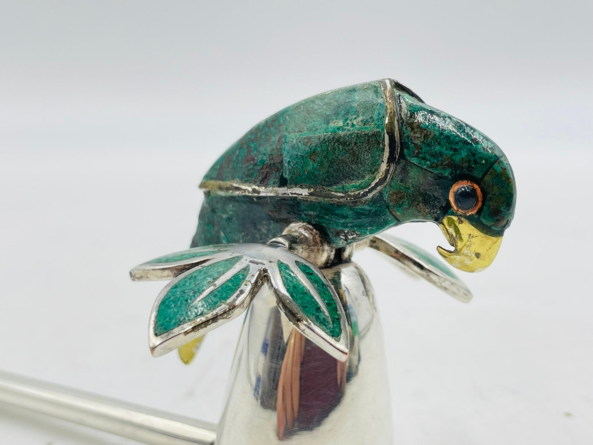 Emilia Castillo Candle Snuffer with Malachite Parrot and Leaf Motif In Good Condition For Sale In Los Angeles, CA
