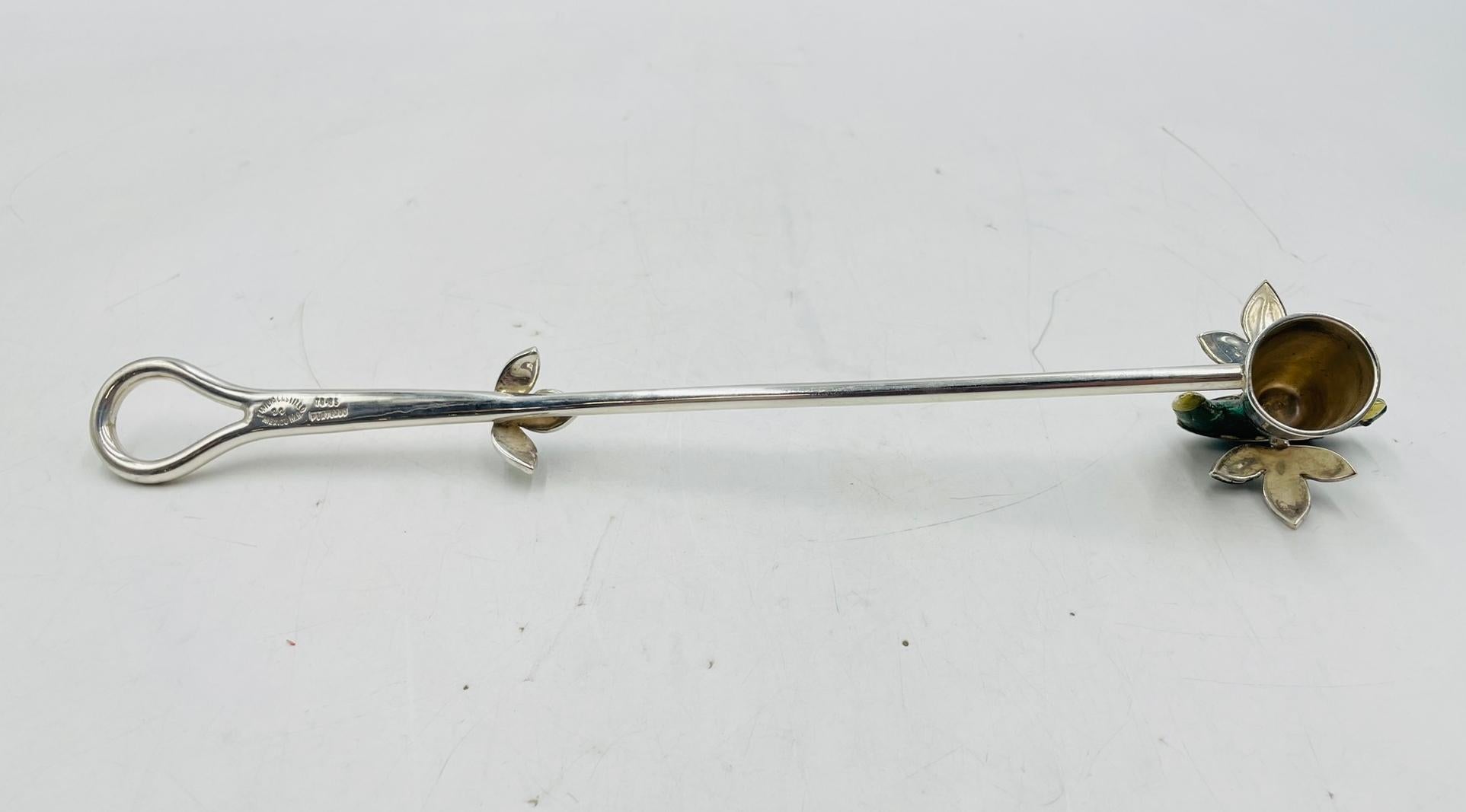 Silver Plate Emilia Castillo Candle Snuffer with Malachite Parrot and Leaf Motif For Sale