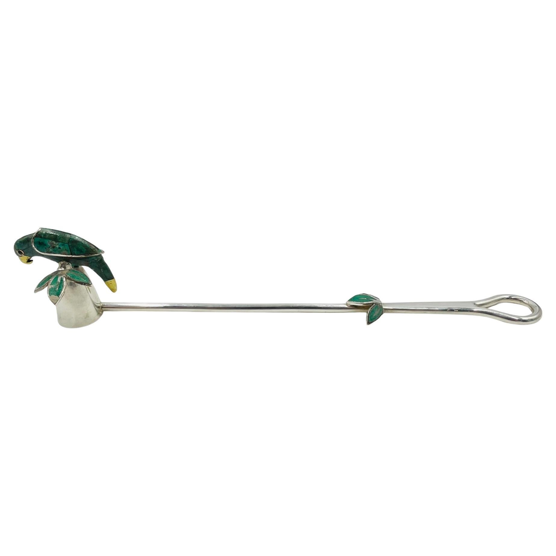 Emilia Castillo Candle Snuffer with Malachite Parrot and Leaf Motif For Sale