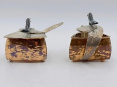 Emilia Castillo Copper & Silver Creamer & Sugar Set with Bird Sculptures, Mexico