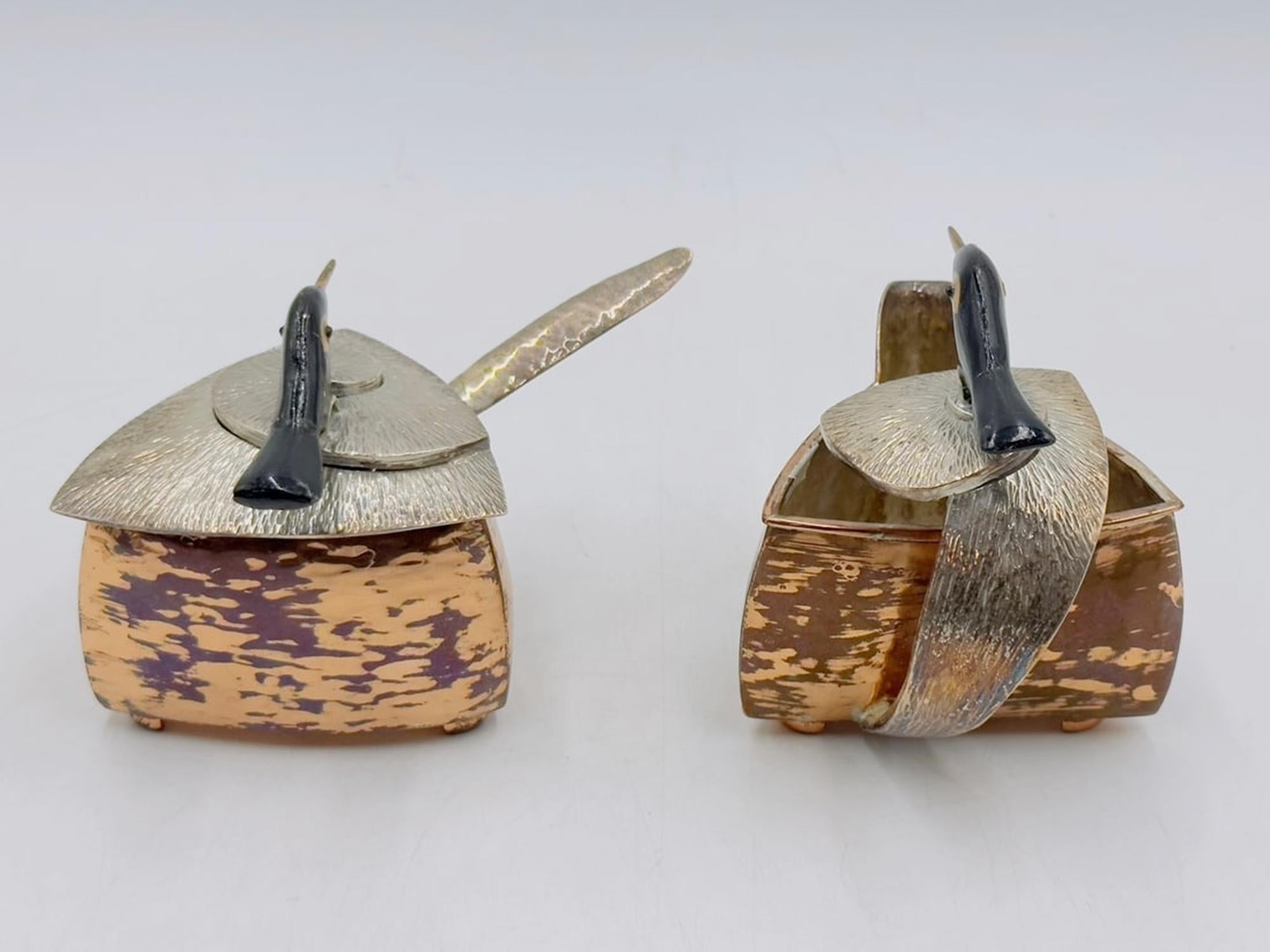 Messicano Set di lattiere e zuccheri in rame e argento di Emilia Castillo con sculture di uccelli, Messico in vendita