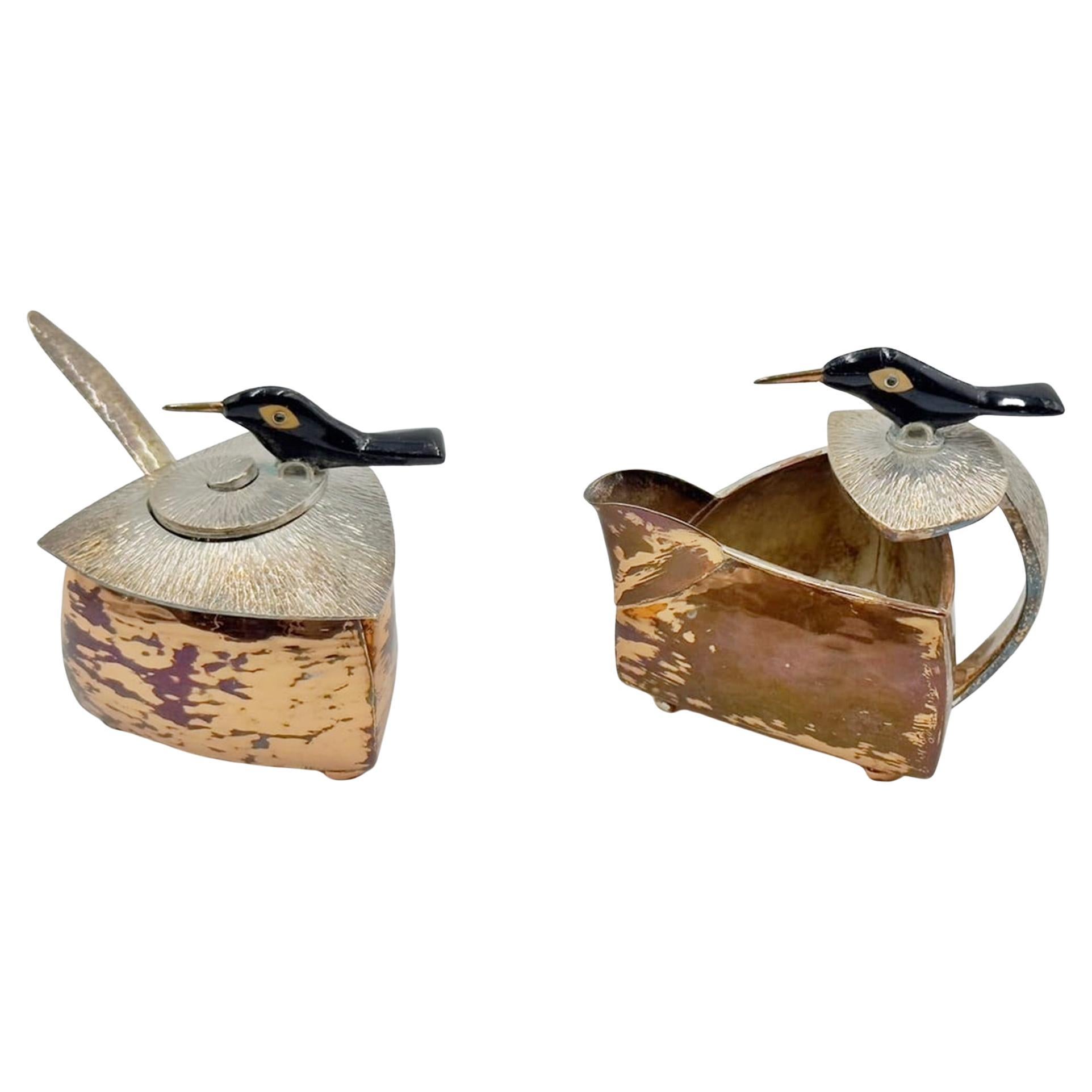 Set di lattiere e zuccheri in rame e argento di Emilia Castillo con sculture di uccelli, Messico in vendita