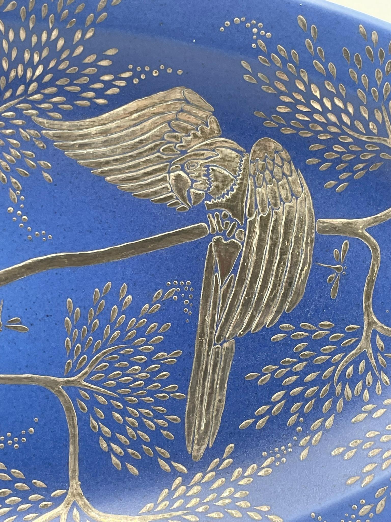 Emilia Castillo Decorative Blue Porcelain and Pure Silver Parrot Platter, 1994 For Sale 3
