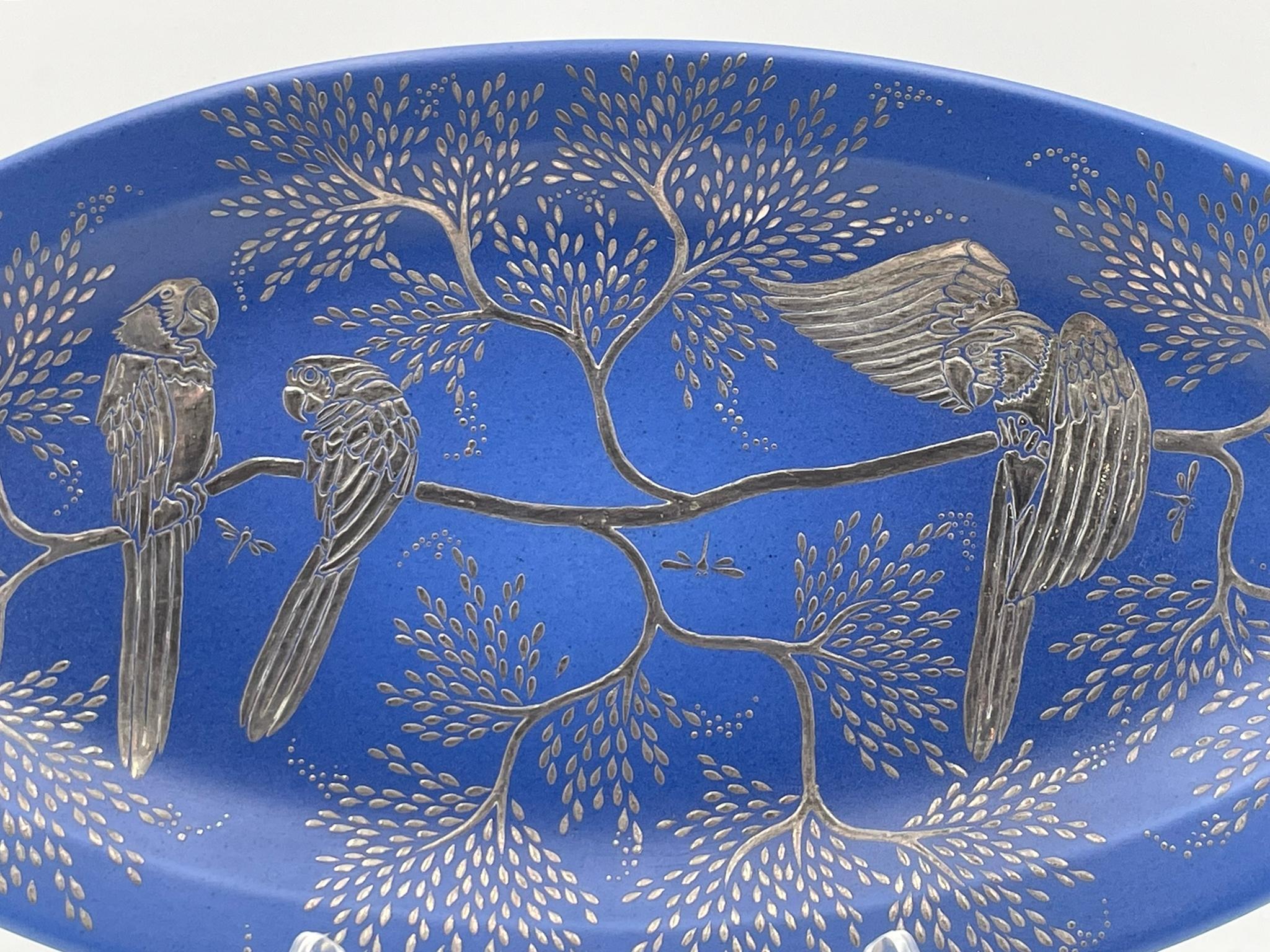 Emilia Castillo Decorative Blue Porcelain and Pure Silver Parrot Platter, 1994 For Sale 4