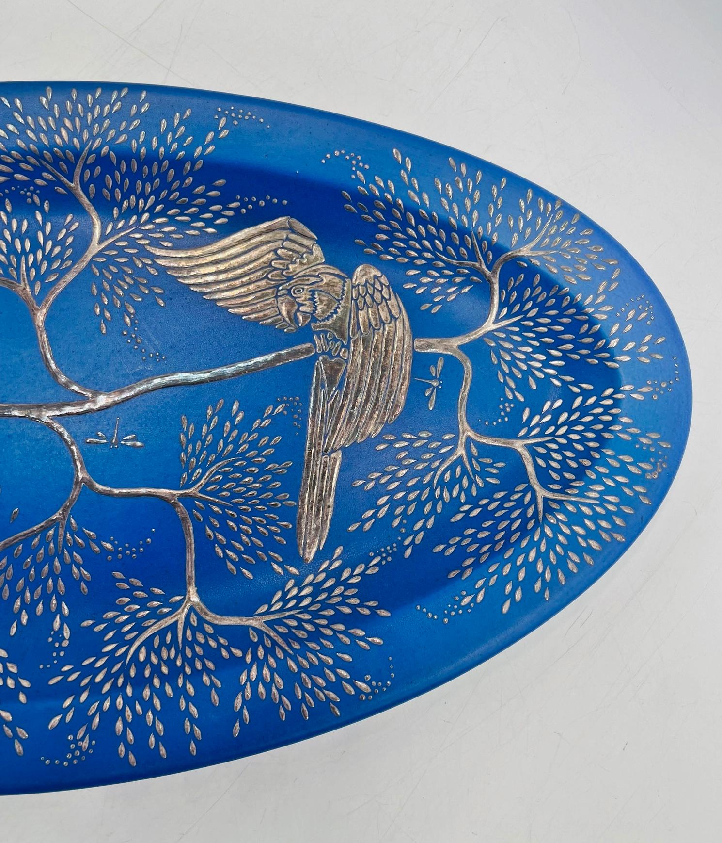 Emilia Castillo Decorative Blue Porcelain and Pure Silver Parrot Platter, 1994 For Sale 5