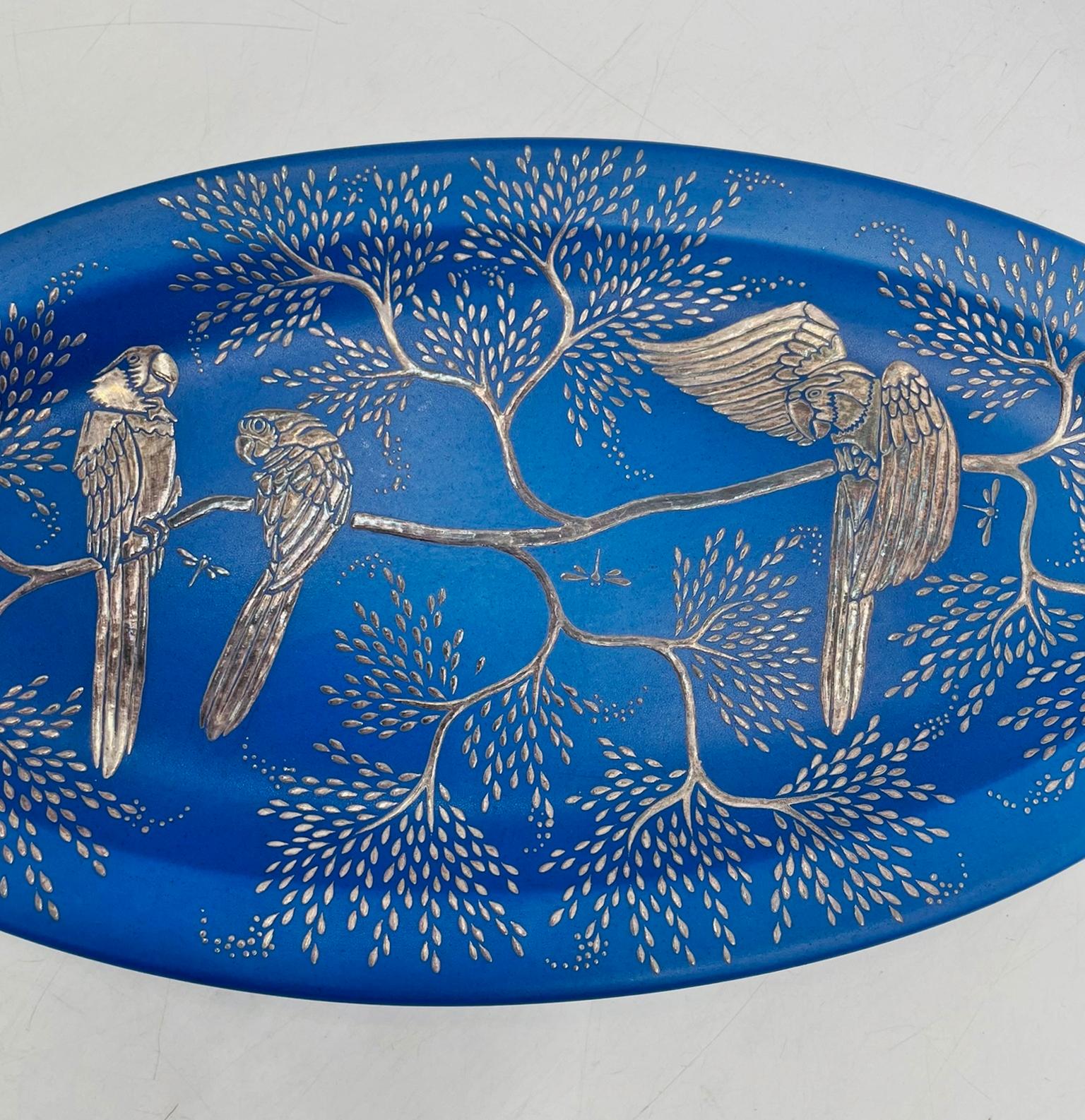 Emilia Castillo Decorative Blue Porcelain and Pure Silver Parrot Platter, 1994 For Sale 6