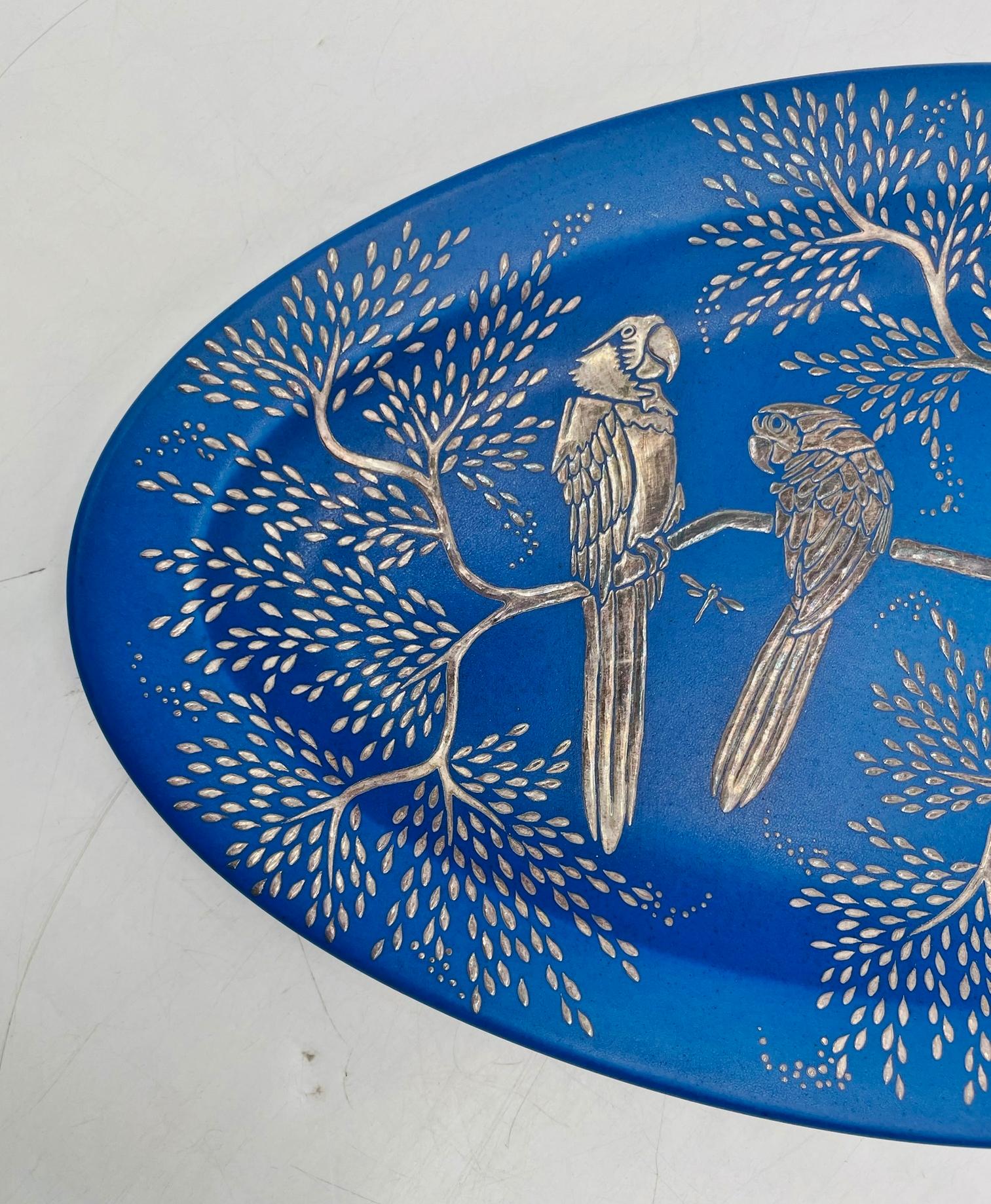 Emilia Castillo Decorative Blue Porcelain and Pure Silver Parrot Platter, 1994 For Sale 7
