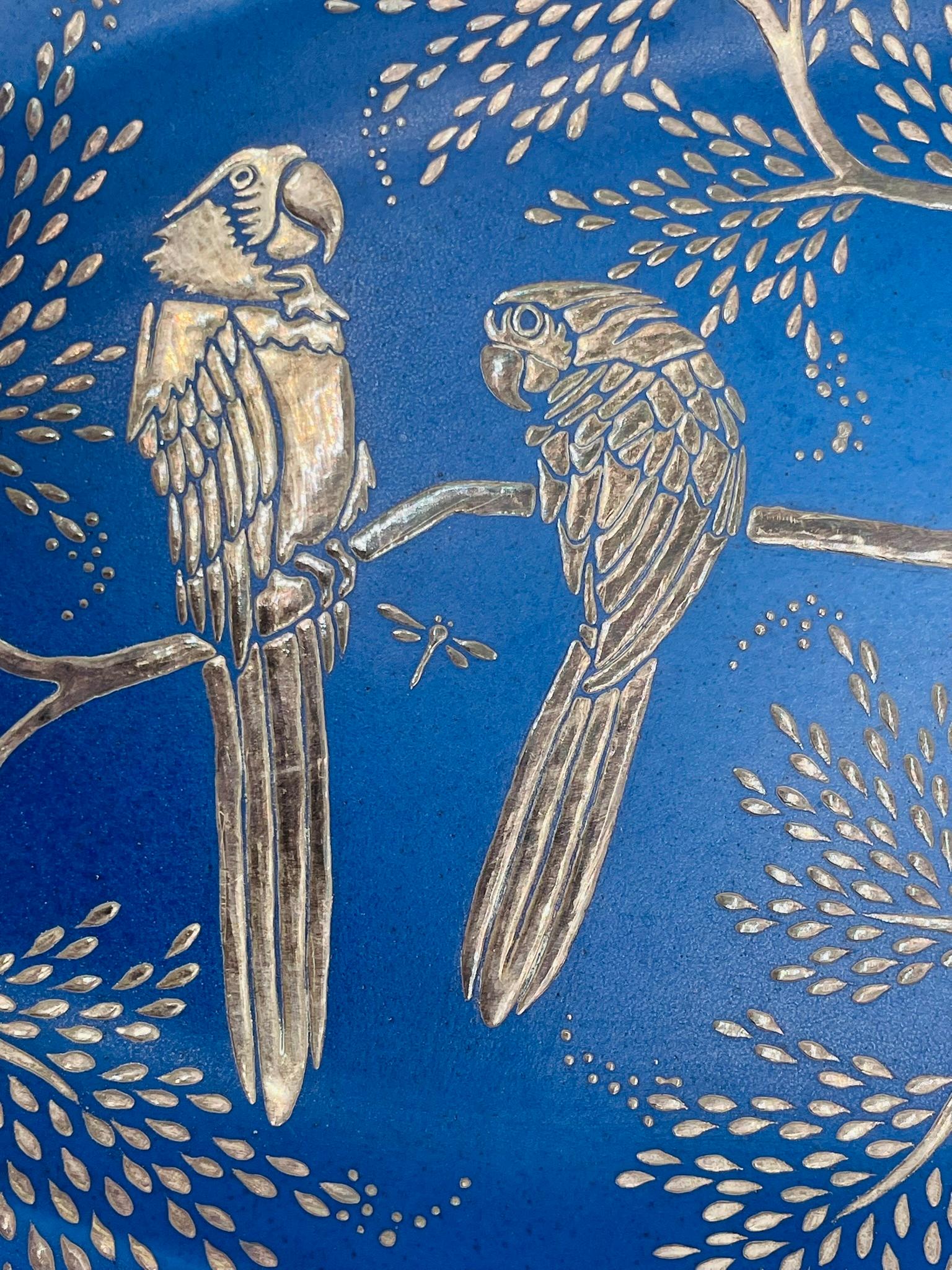 Emilia Castillo Decorative Blue Porcelain and Pure Silver Parrot Platter, 1994 For Sale 8