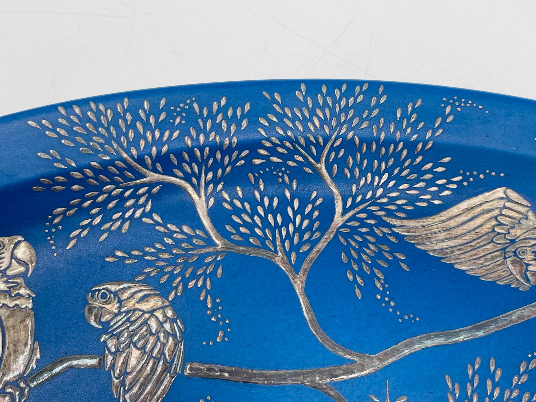Emilia Castillo Decorative Blue Porcelain and Pure Silver Parrot Platter, 1994 For Sale 9