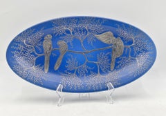 Emilia Castillo Decorative Blue Porcelain and Pure Silver Parrot Platter, 1994