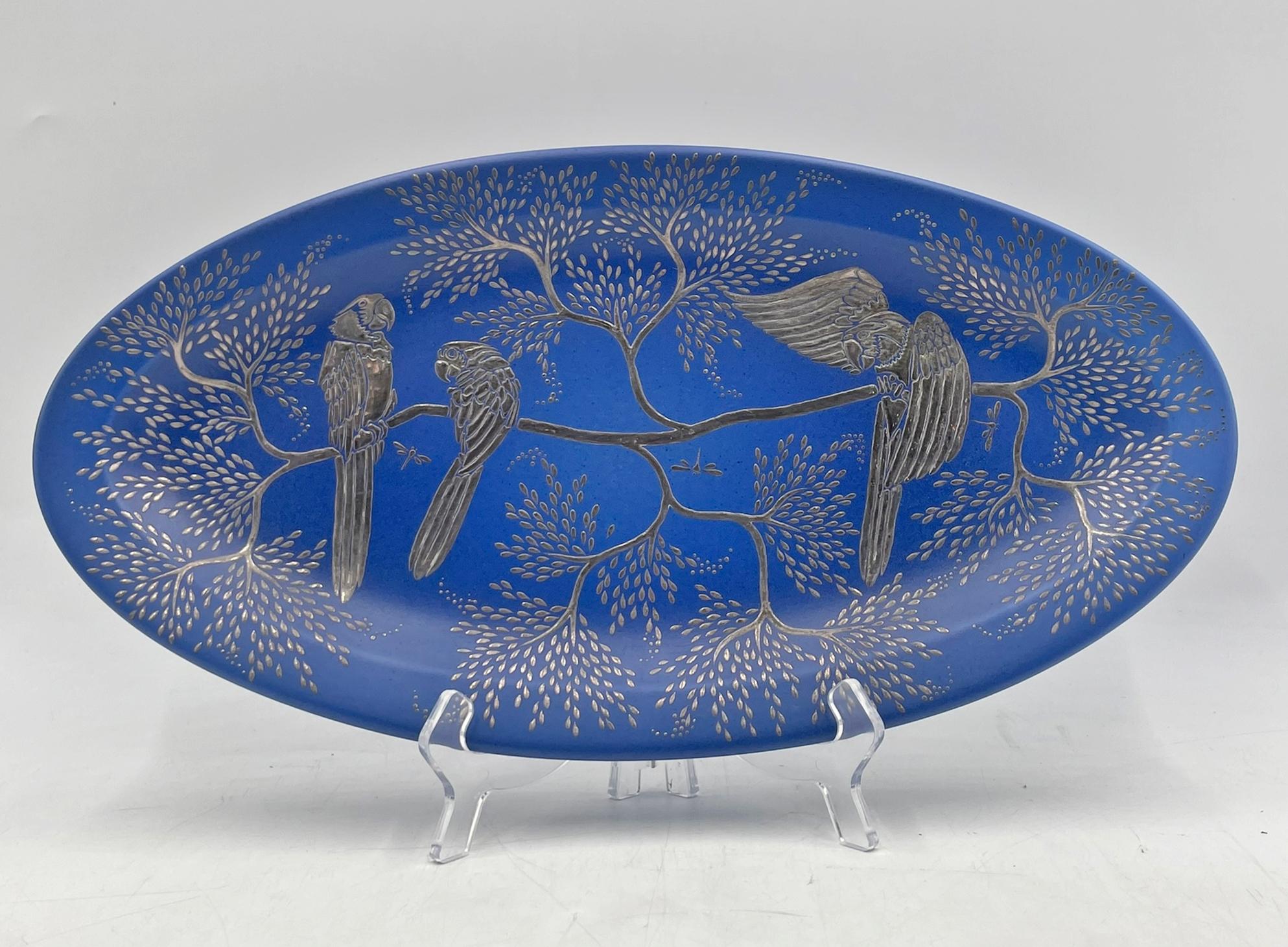 Modern Emilia Castillo Decorative Blue Porcelain and Pure Silver Parrot Platter, 1994 For Sale