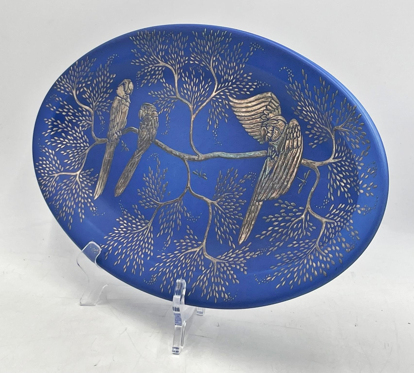 Mexican Emilia Castillo Decorative Blue Porcelain and Pure Silver Parrot Platter, 1994 For Sale