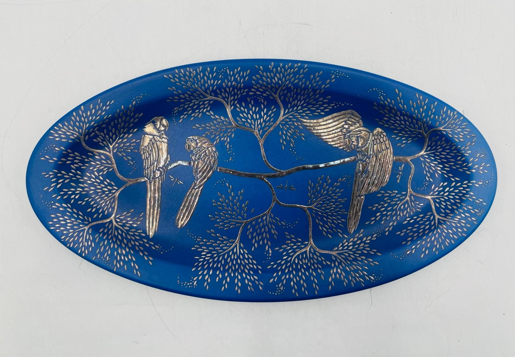 Hand-Crafted Emilia Castillo Decorative Blue Porcelain and Pure Silver Parrot Platter, 1994 For Sale