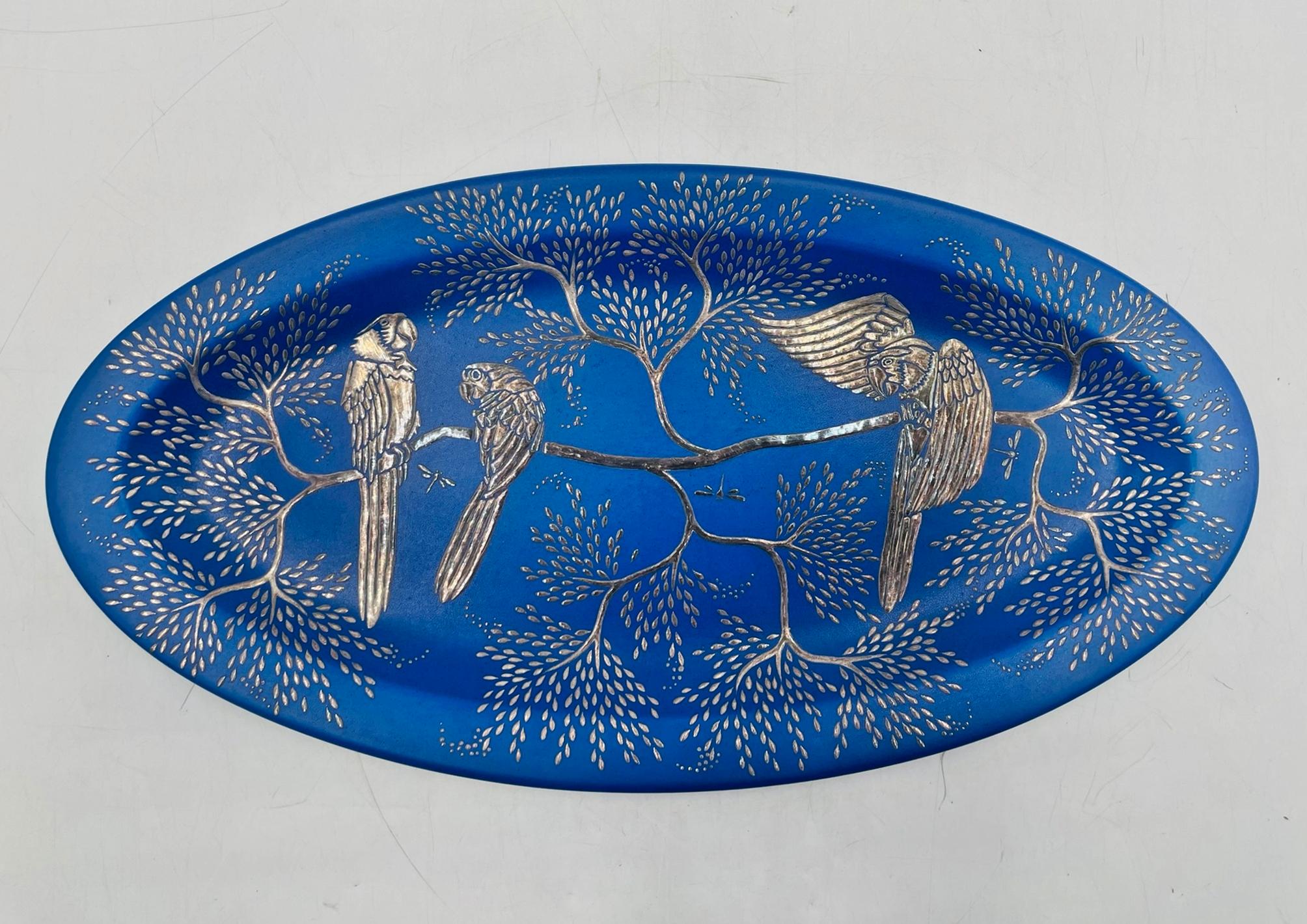 Emilia Castillo Decorative Blue Porcelain and Pure Silver Parrot Platter, 1994 In Good Condition For Sale In Los Angeles, CA