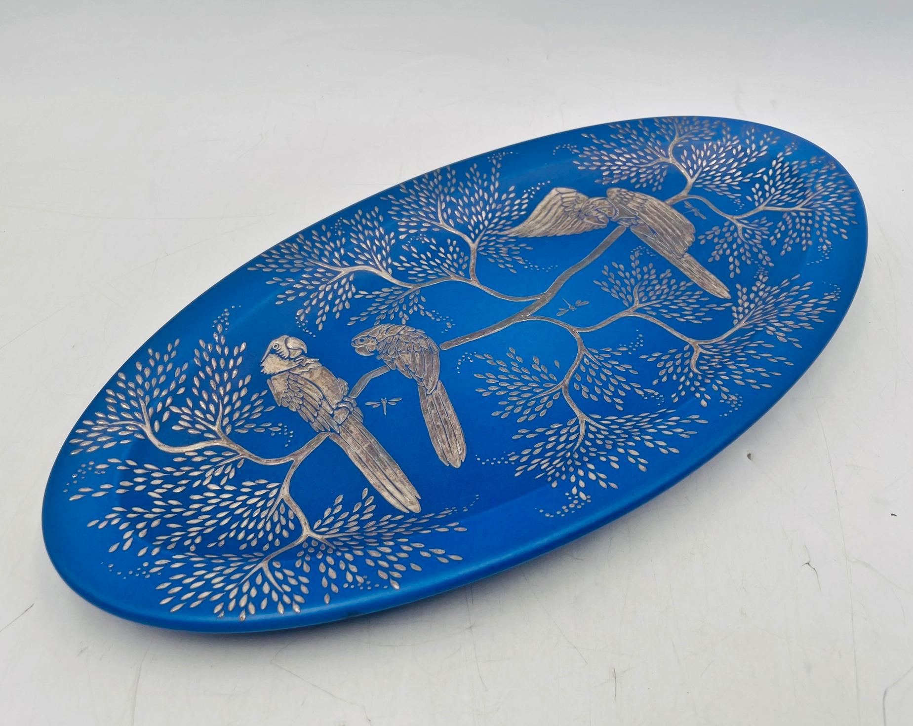 Late 20th Century Emilia Castillo Decorative Blue Porcelain and Pure Silver Parrot Platter, 1994 For Sale