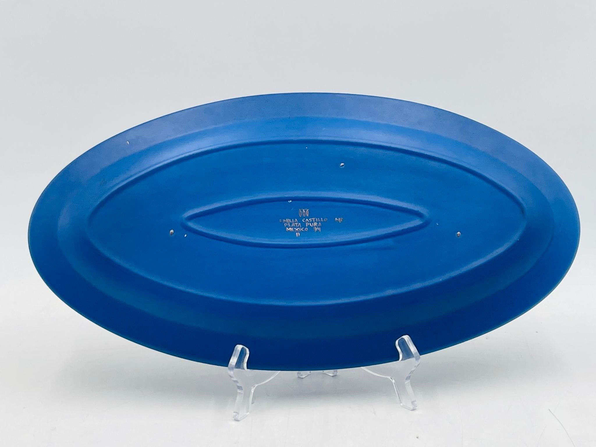 Emilia Castillo Decorative Blue Porcelain and Pure Silver Parrot Platter, 1994 For Sale 1