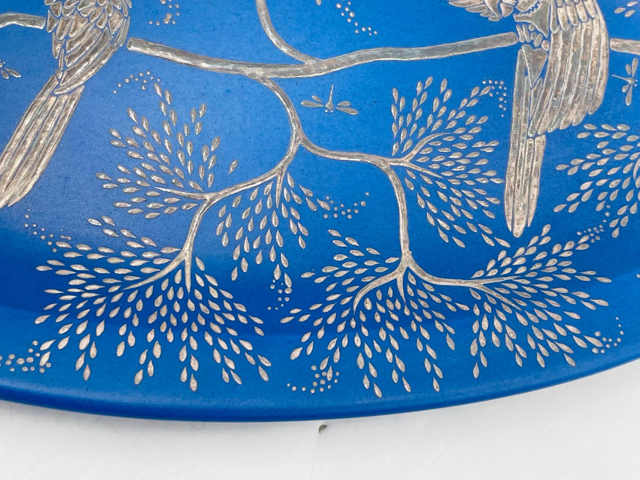Emilia Castillo Decorative Blue Porcelain and Pure Silver Parrot Platter, 1994 For Sale 2