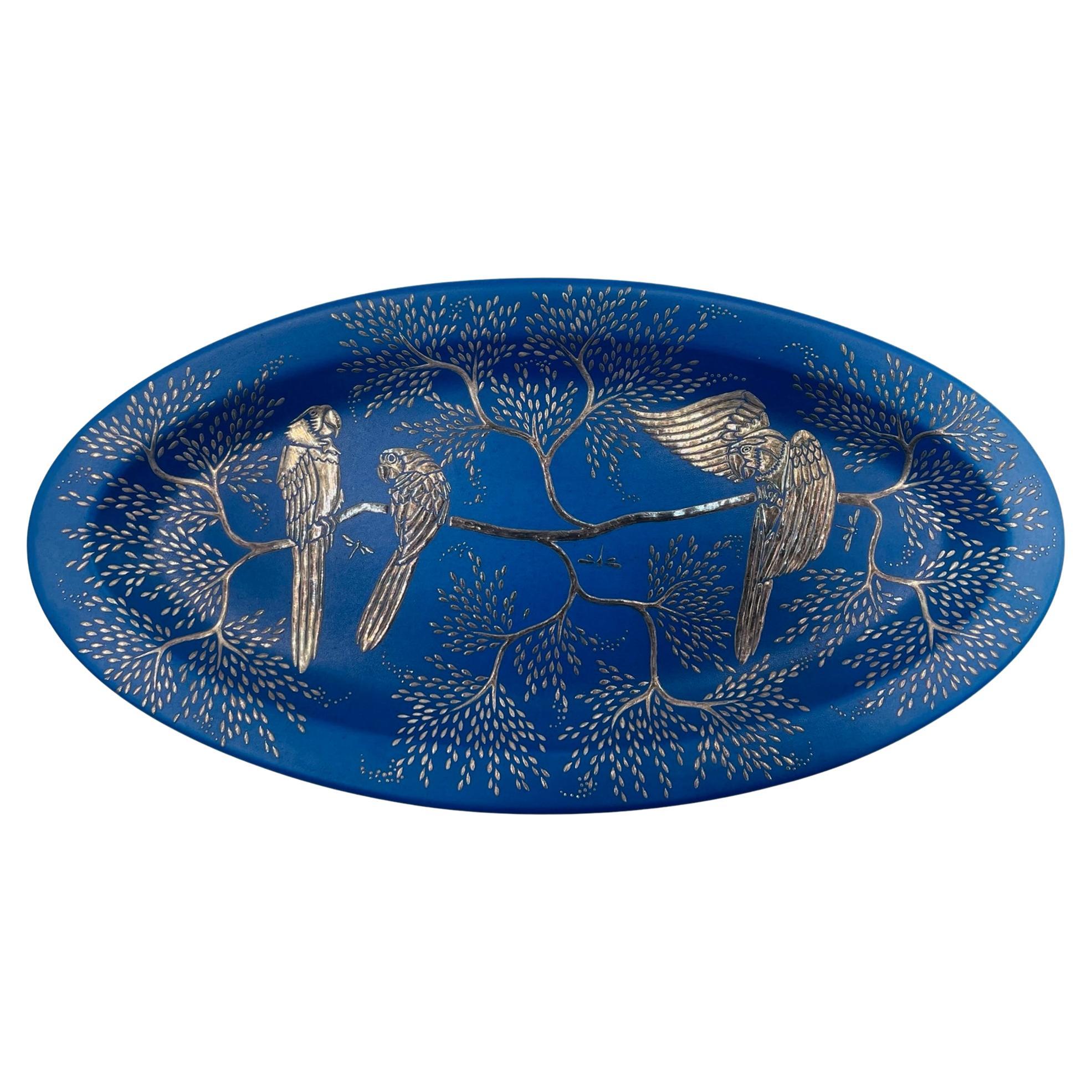 Emilia Castillo Decorative Blue Porcelain and Pure Silver Parrot Platter, 1994