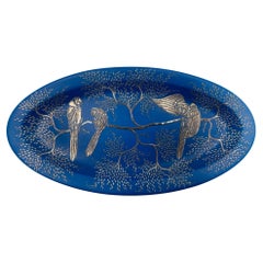 Emilia Castillo Decorative Blue Porcelain and Pure Silver Parrot Platter, 1994