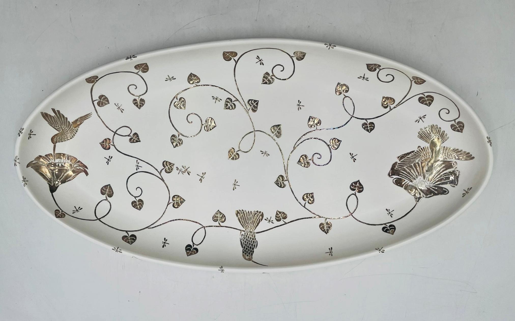 Moderne Emilia Castillo Extra Large Sterling Silver & Porcelain Platter, Signed, Mexico en vente