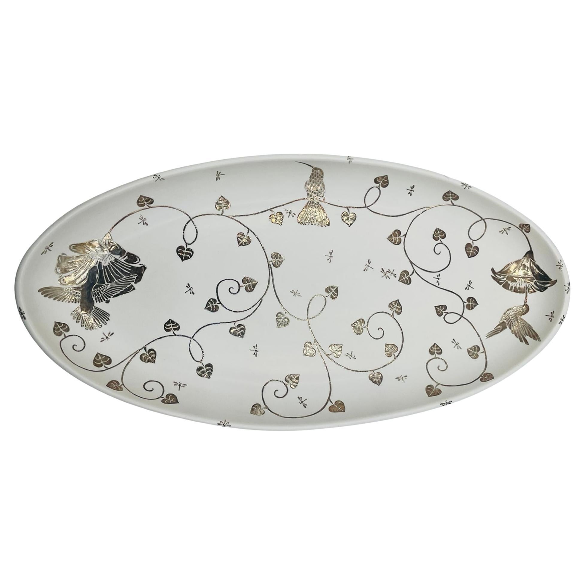 Emilia Castillo Extra Large Sterling Silver & Porcelain Platter, Signed, Mexico en vente
