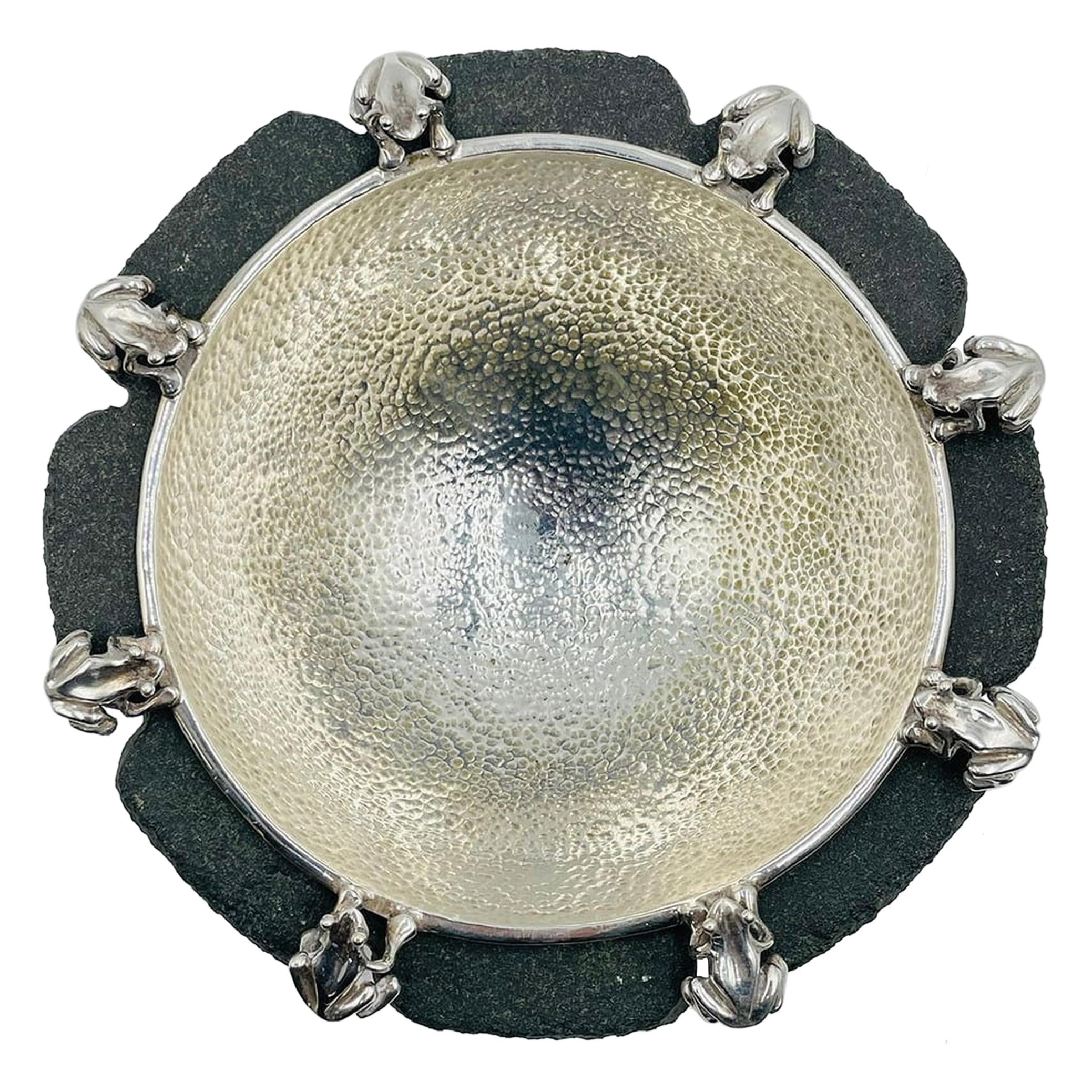 Emilia Castillo Frog-Accented Silver Bowl on Volcanic Rock Base, Mexican Modern