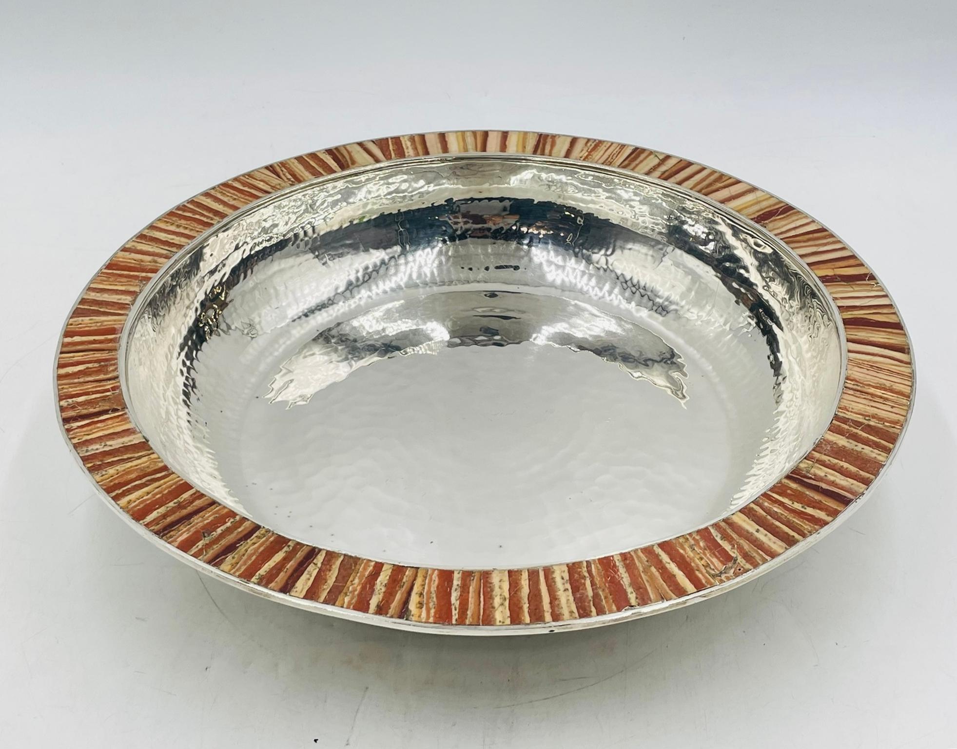 Modern Emilia Castillo Hammered Silver-Plated Bowl with Jasper Stone Inlay, Mexico For Sale
