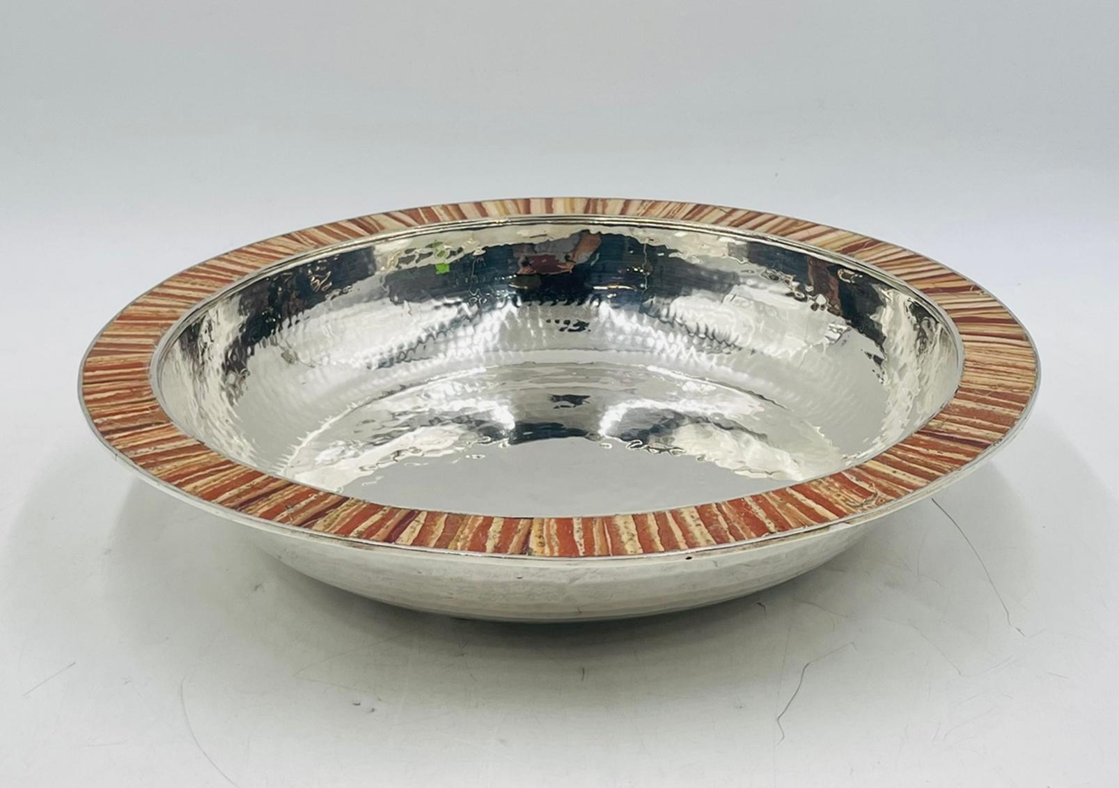 Mexican Emilia Castillo Hammered Silver-Plated Bowl with Jasper Stone Inlay, Mexico For Sale