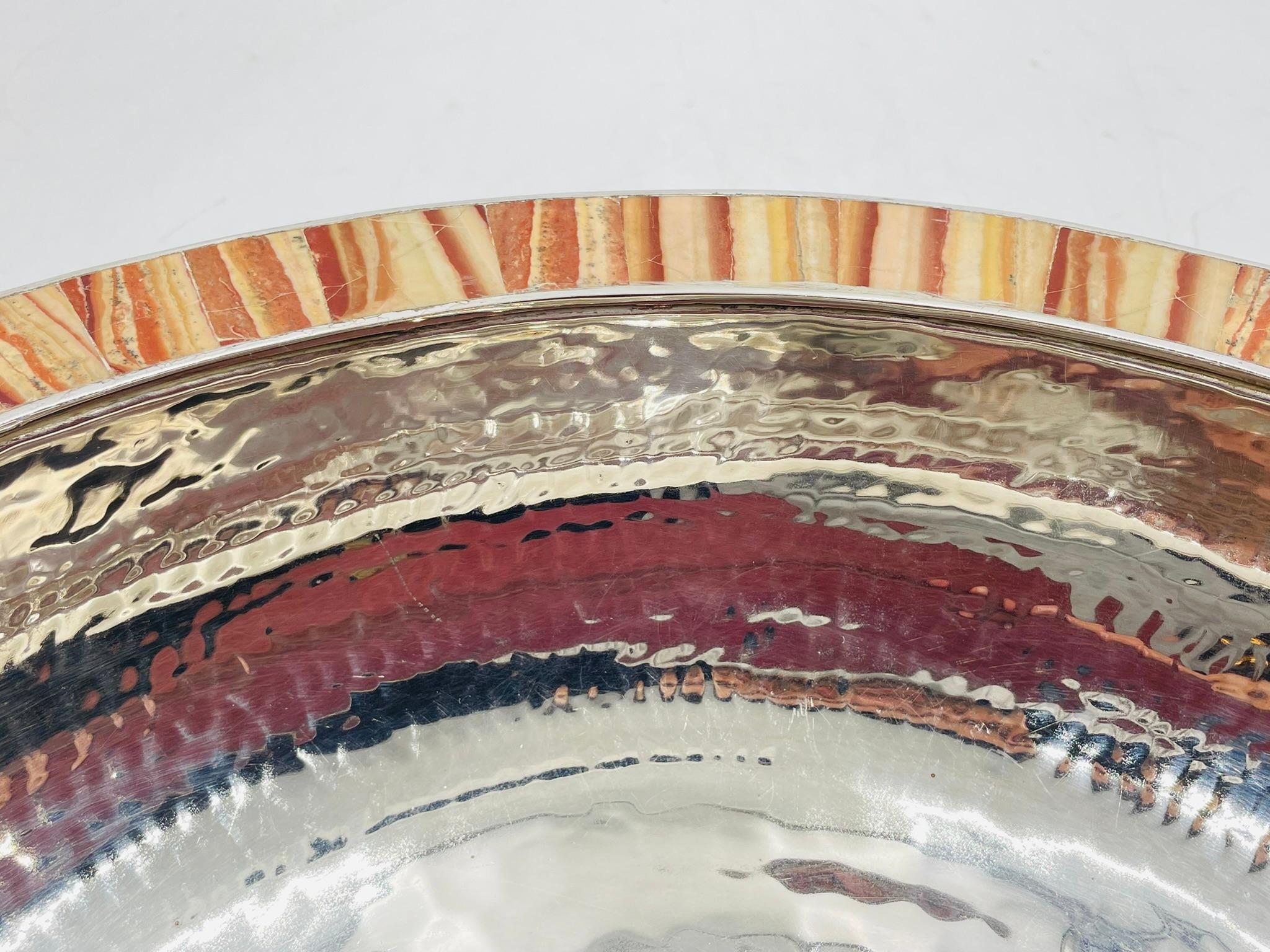 Late 20th Century Emilia Castillo Hammered Silver-Plated Bowl with Jasper Stone Inlay, Mexico For Sale
