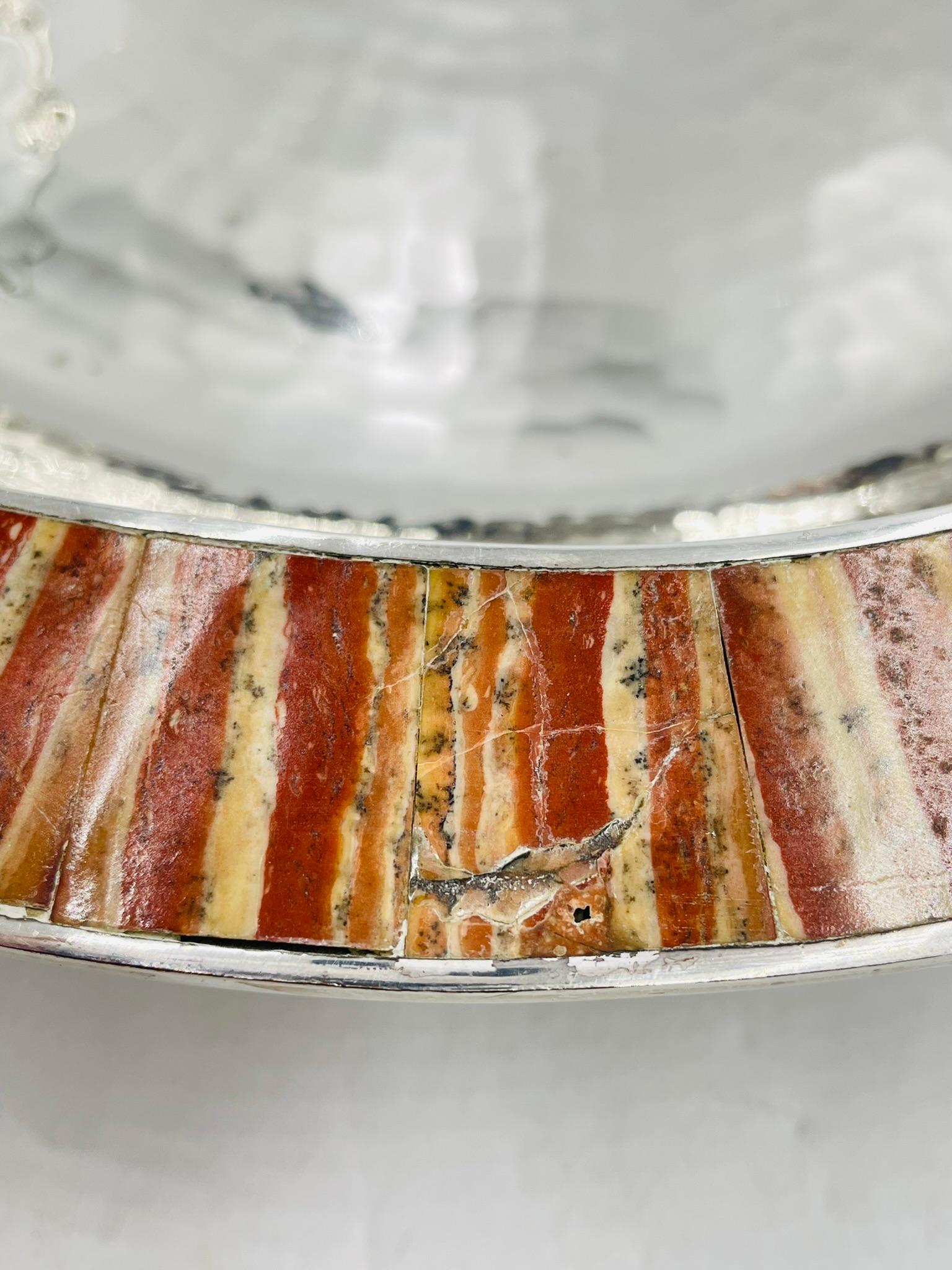 Emilia Castillo Hammered Silver-Plated Bowl with Jasper Stone Inlay, Mexico For Sale 1